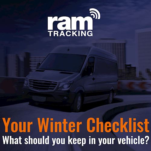 Image shows the front of a brochure from RAM Tracking with the wording "your winter checklist, what should you keep in your vehicle?"